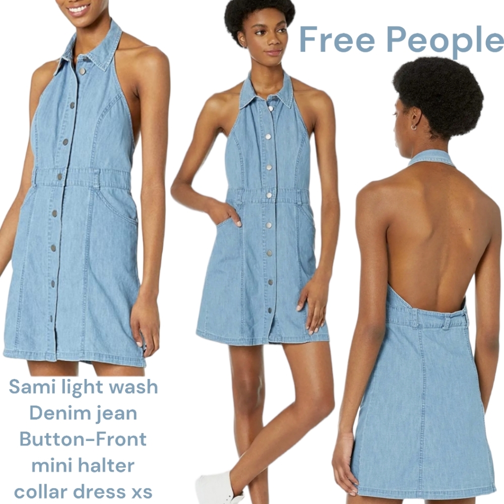Free People Sami Bali blue Denim jean Button mini collar halter pocket dress xs